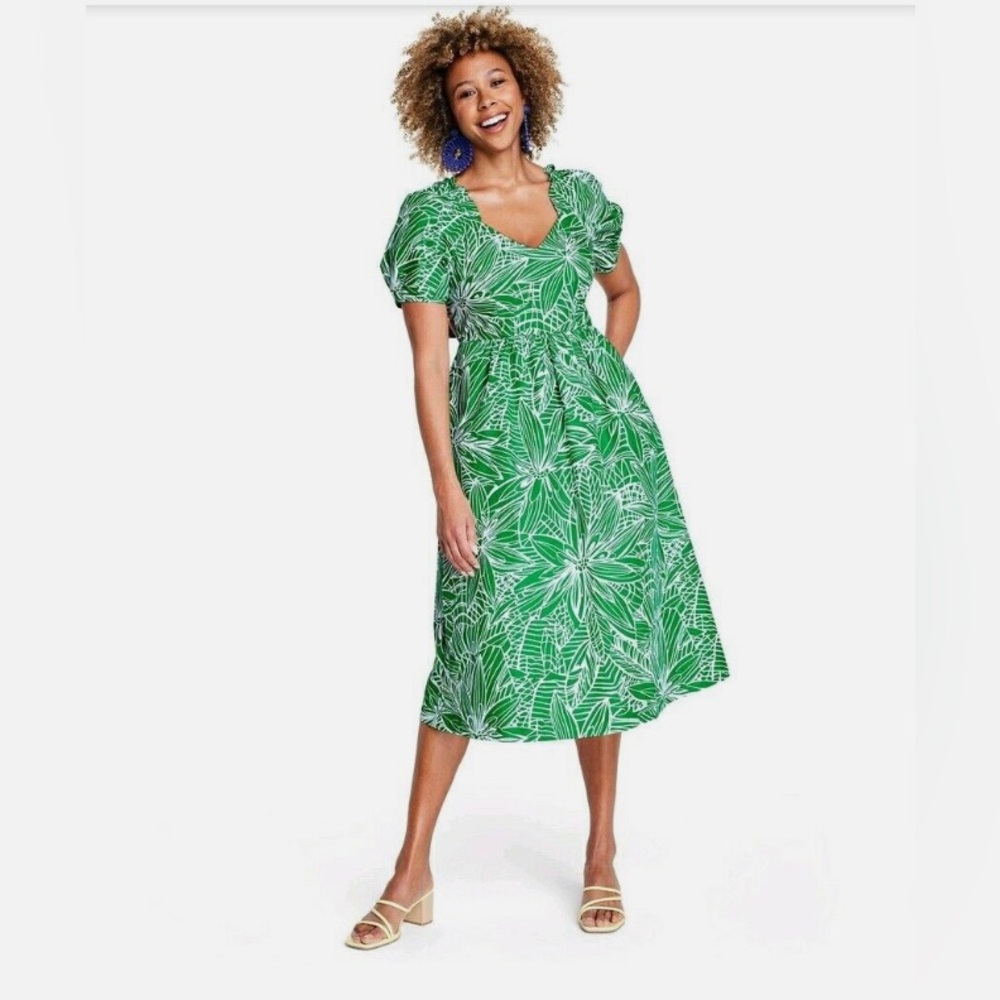 Green Floral Puff-Sleeve Tie-Back Midi Dress